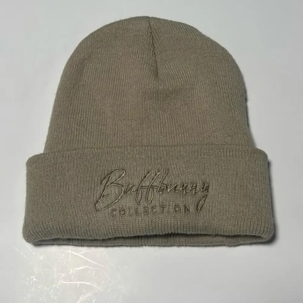 Buffbunny Collection Logo Knit Cuffed Winter Beanie Hat Taupe Tan